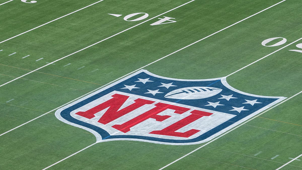 The NFL logo on the field at the Super Bowl