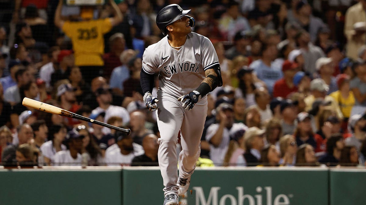 Gleyber Torres watches hit