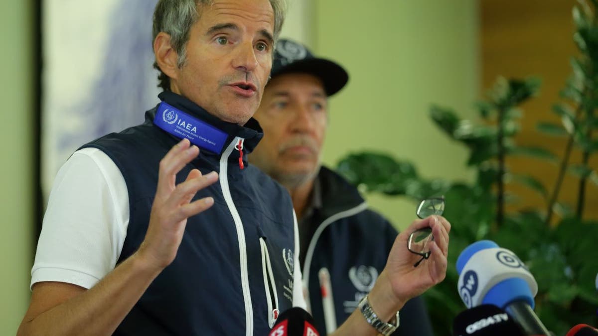 International Atomic Energy Agency (IAEA) Director General Rafael Grossi speaks at press conference in blue vest