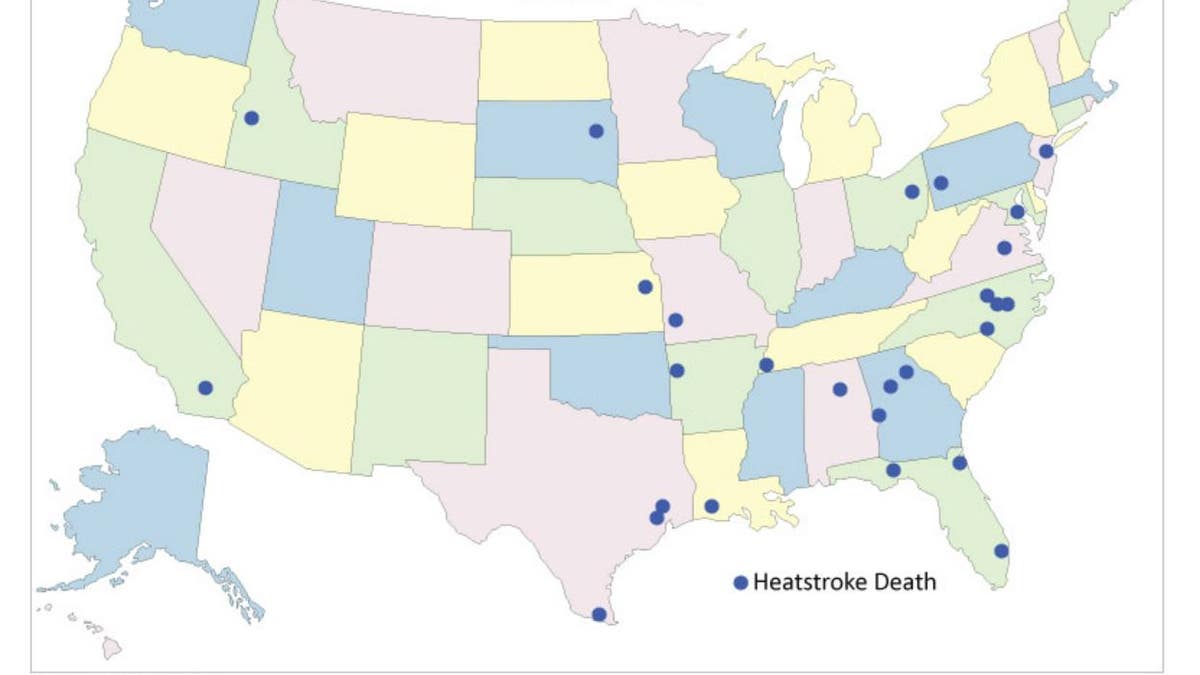 Map showing 27 pediatric vehicular heatstroke deaths in the U.S.