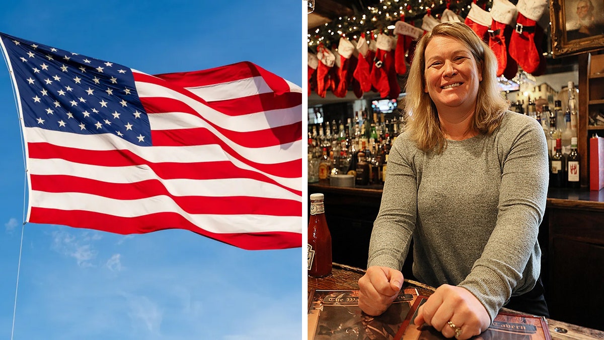 American flag and Kim Mahoney of Warren Tavern