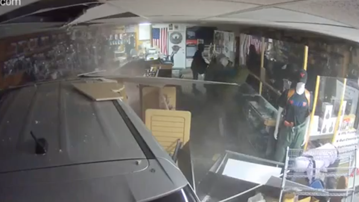 Photo shows robbers ransacking a pawn shop in Michigan after a stolen car crashed into store 