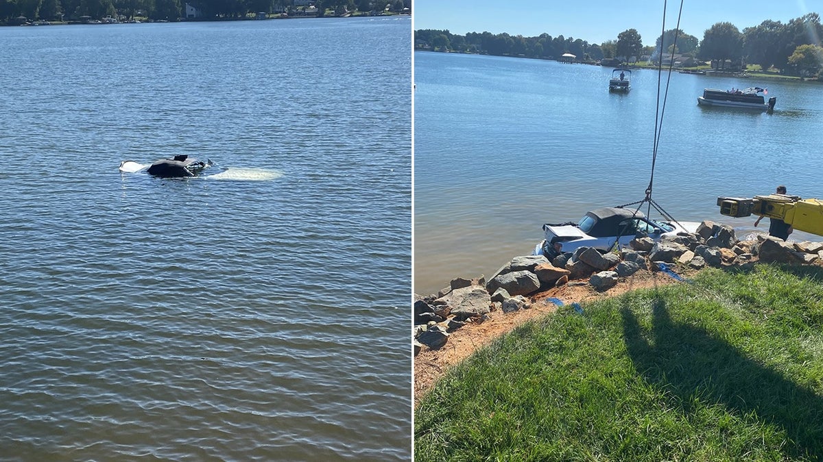 car sinking in lake and being lifted out of water