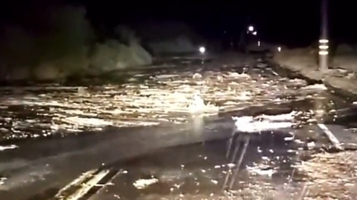 Debris scattered across a road after a landslide in California