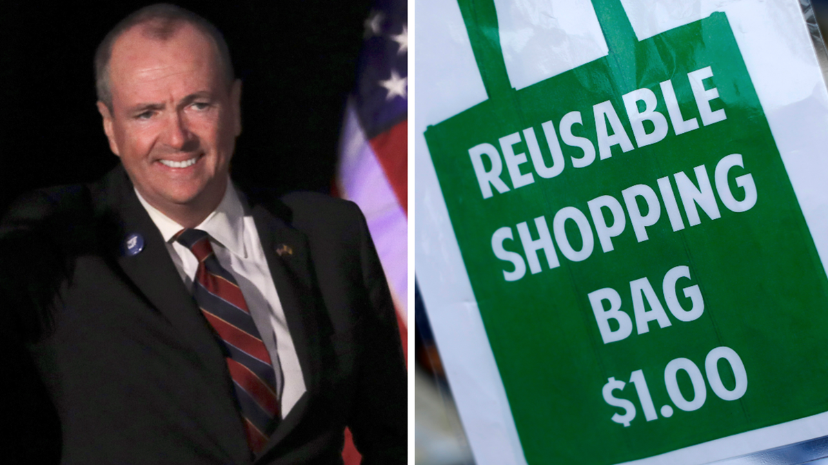 Photo shows NJ Gov. Phil Murphy smiling at election night celebration next to photo of reusable bag