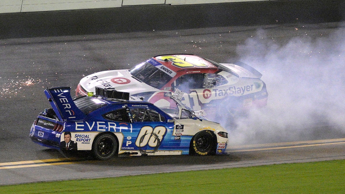 Two cars collide at the NASCAR Xfinity Series auto race at Daytona International Speedway