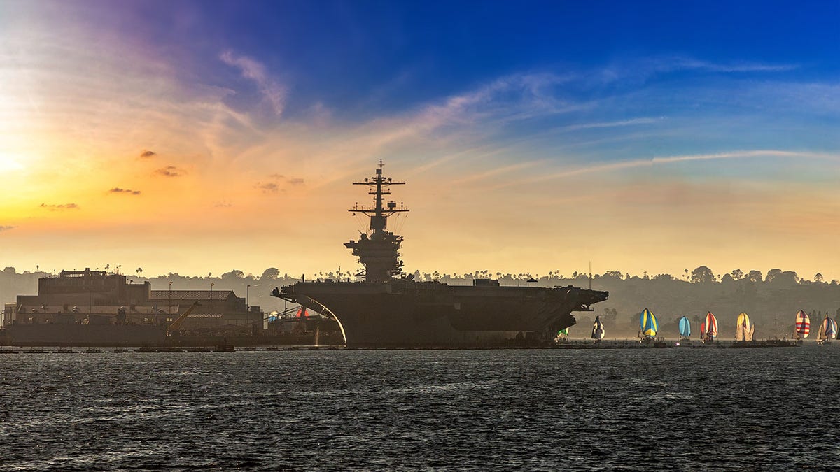A military ship docked in San Diego, California 