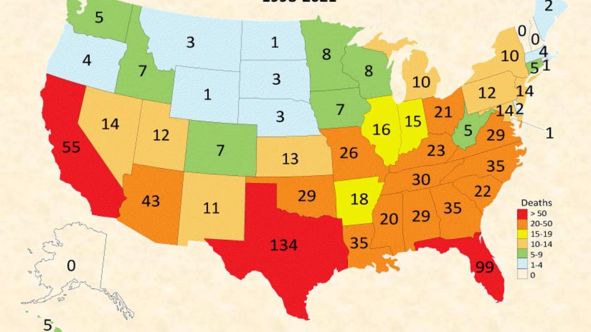 Map showing pediatric vehicular heatstroke deaths across America