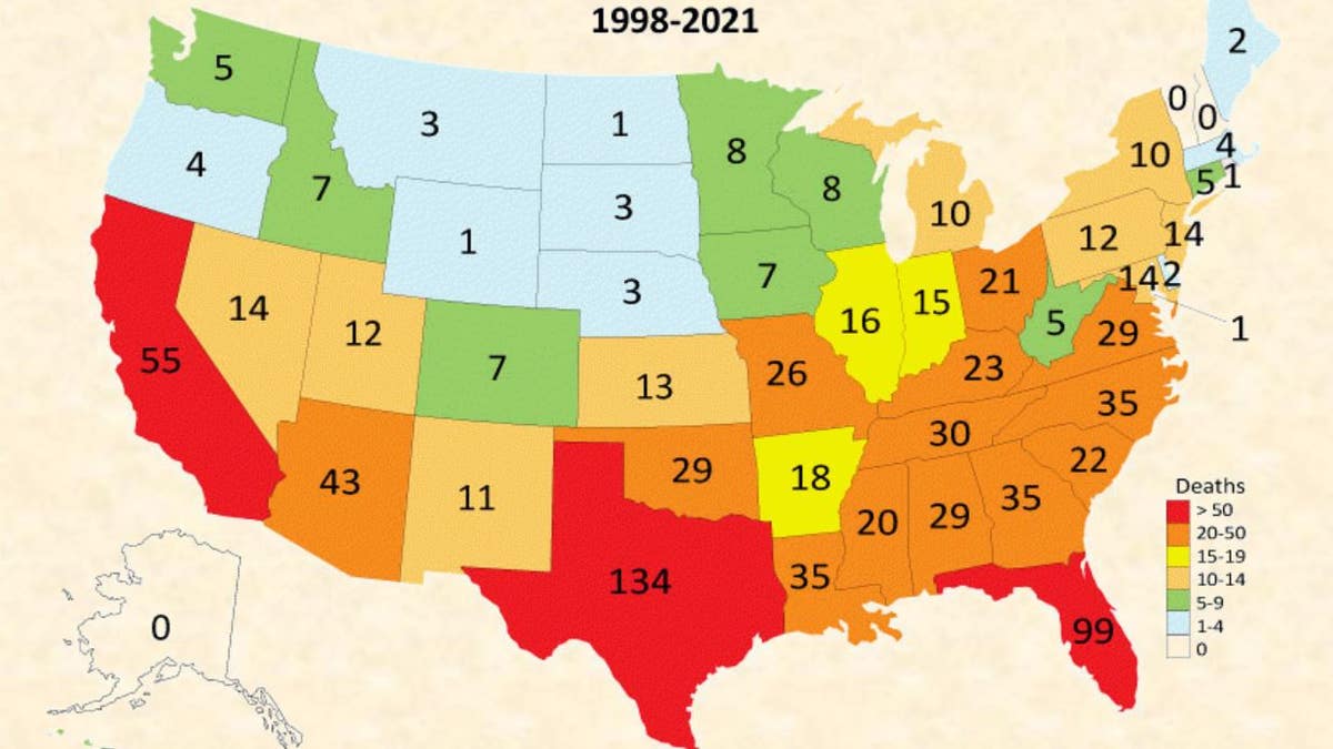Map showing pediatric vehicular heatstroke deaths across America