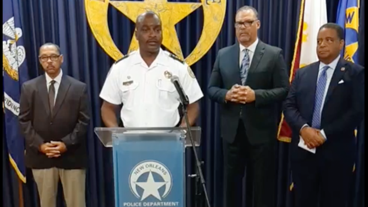 Photo shows New Orleans Police Superintendent Shaun Ferguson addressing the press at news conference over the summer. 