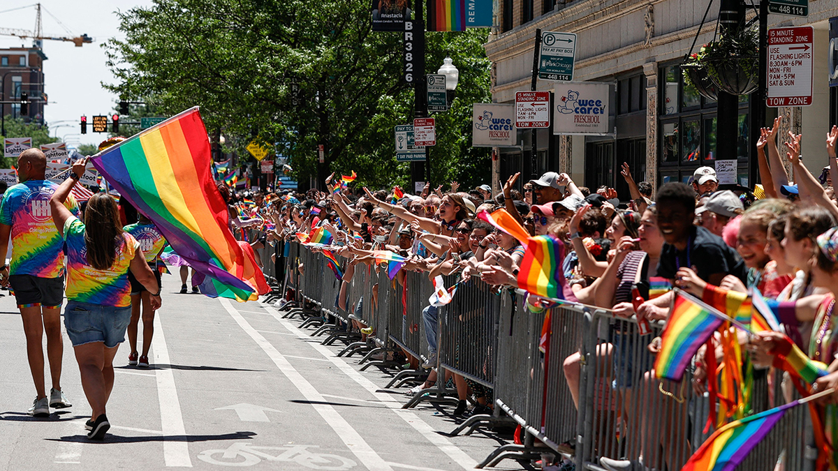 Photo shows lines of people with rainbow pride flags in Chicago for a Pride Parade 