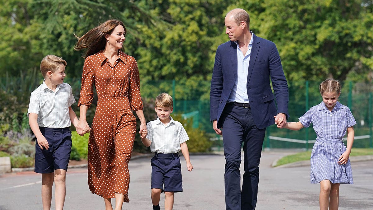 Prince George, Prince Louis and Princess Charlotte walking with parents Prince William and Princess Catherine