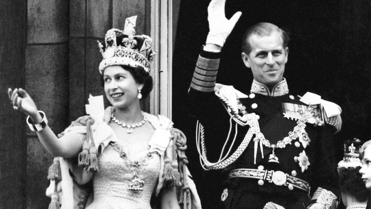 Queen Elizabeth II wearing the Imperial State Crown at her coronation