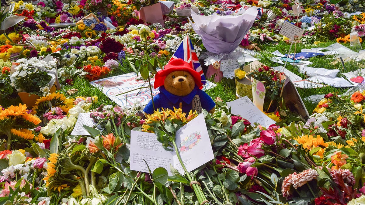 Paddington bear stuffed animal left as tribute for Queen Elizabeth II