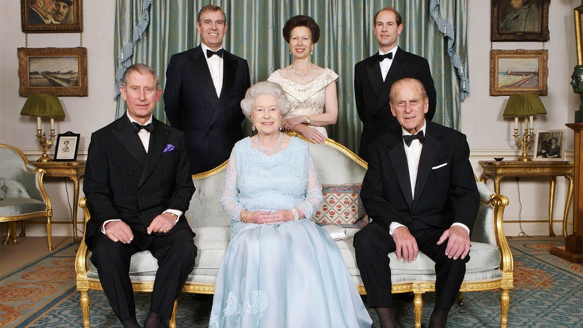 Queen Elizabeth II with Prince Philip, Prince Charles, Prince Edward, Princess Anne and Prince Andrew