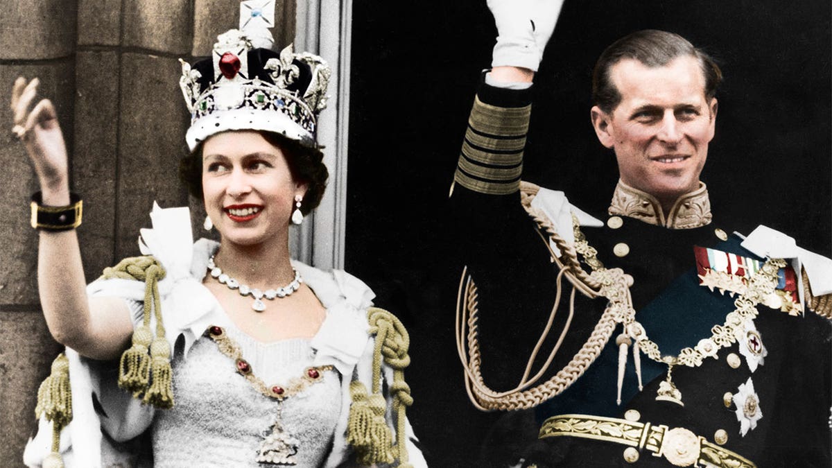 A young Queen Elizabeth II with Prince Philip on her coronation day