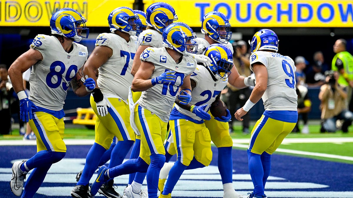 Los Angeles Rams players celebrate after a touchdown