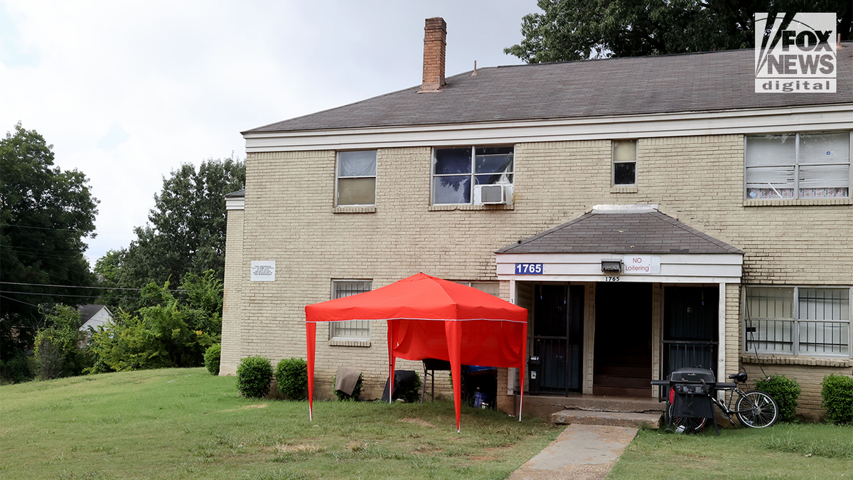 A red tent outside the home of Mario Abston