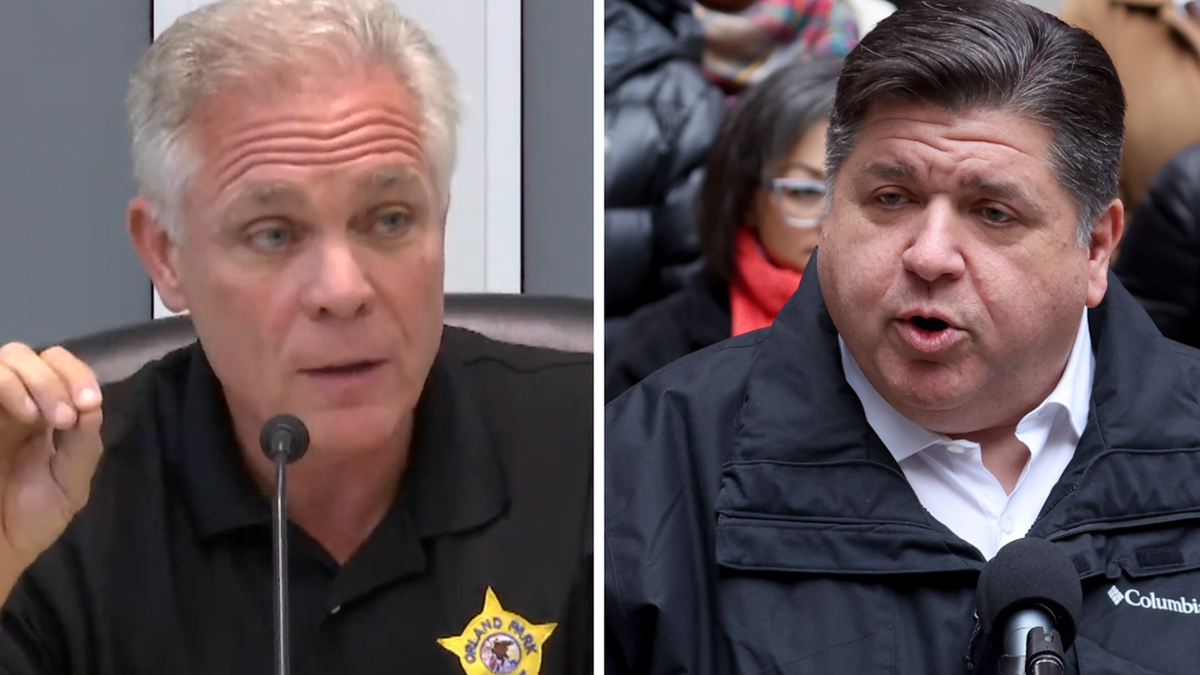 Photo shows Orland Park, Illinois addressing town in meeting, next to photo of Illinois Gov. JB Pritzker speaking to crowd