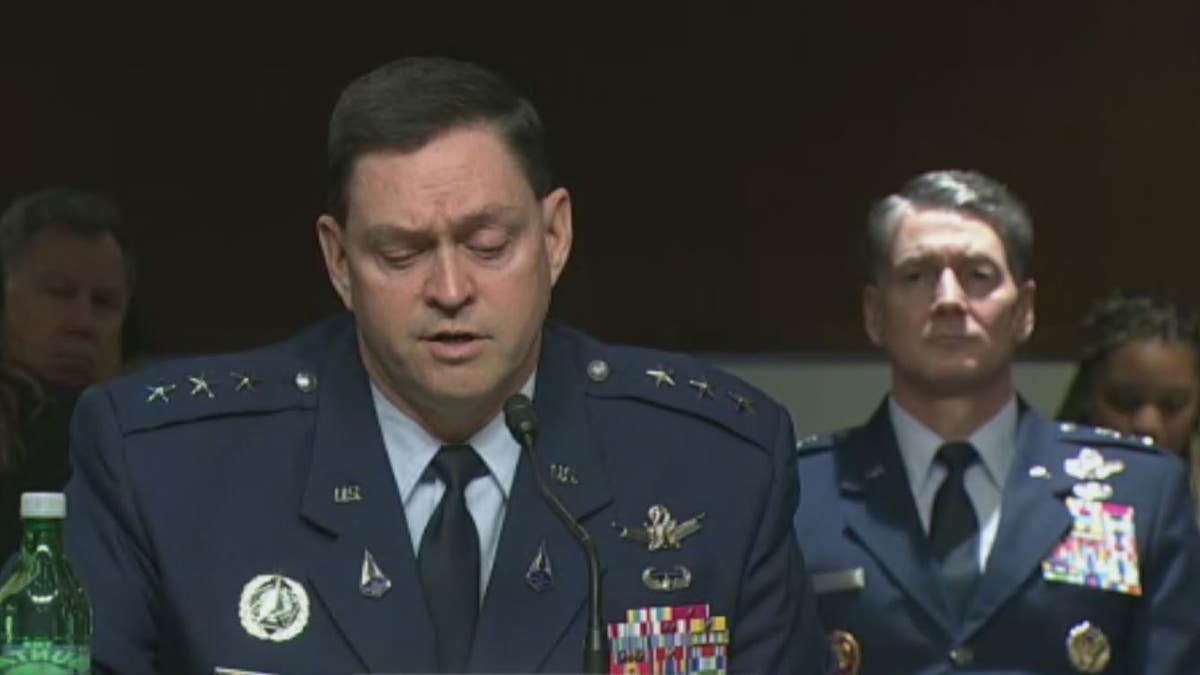 Lt. Gen. Bradley Saltzman answers questions before the Senate Armed Services Committee.