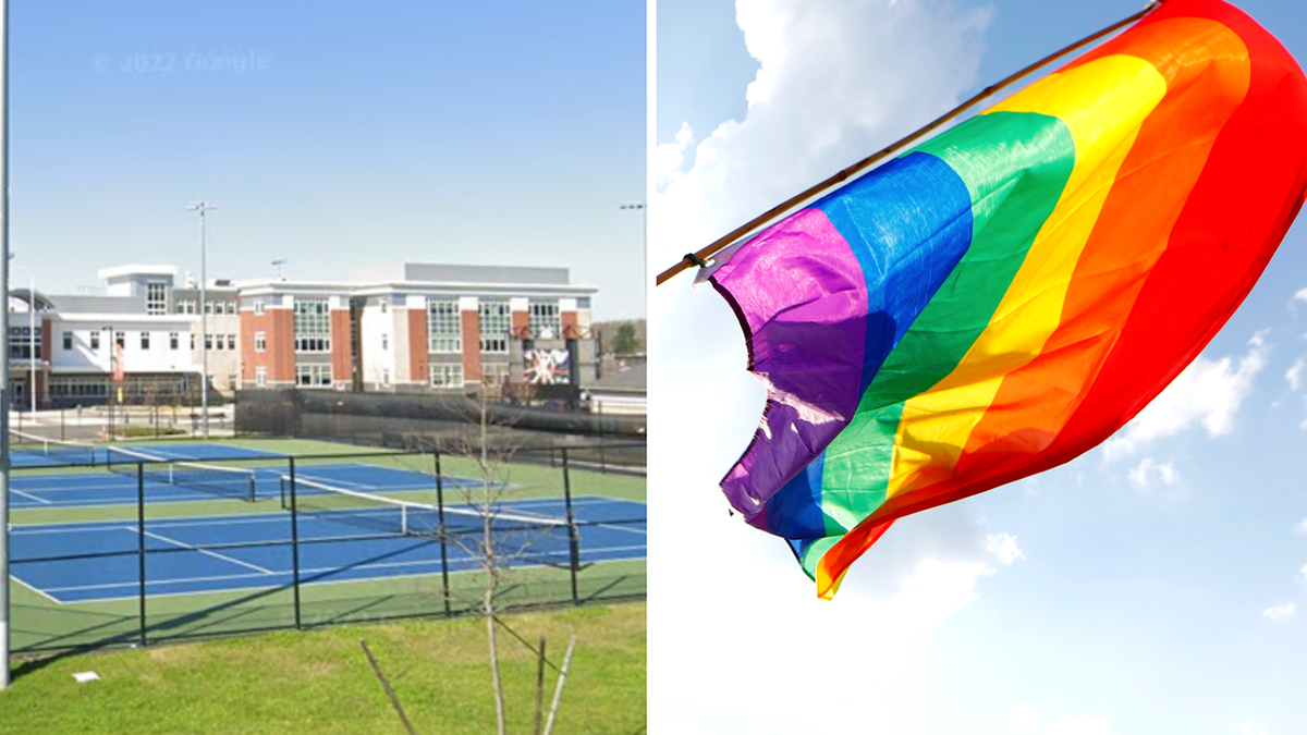 Compilation photo shows gay pride flag waving in front of blue sky and buildings for Stoughton High in Mass.