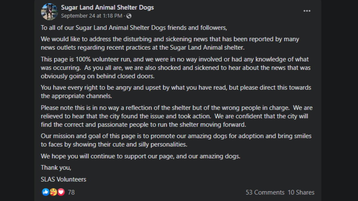 Sugar Land Animal Shelter Dogs Facebook post