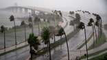 Wind gusts blow through palm trees forcing them to bend over highways as Hurricane Ian hits Florida