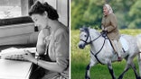 Queen Elizabeth looks at stamps (left) and rides a horse (right)