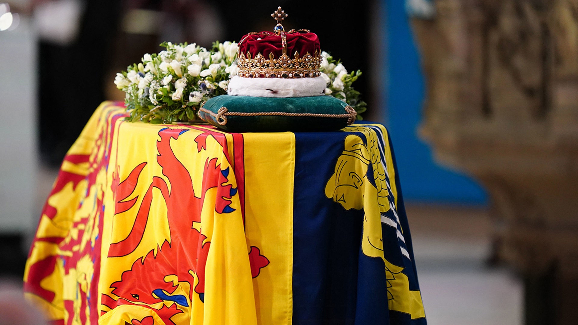 The Crown of Scotland sits atop the coffin of Queen Elizabeth II