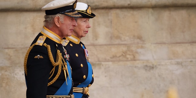 King Charles III and Anne, the Princess Royal leave Westminster Abbey after the funeral service of Queen Elizabeth II in London on September 19, 2022.