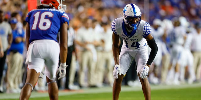 Kentucky Wildcats defensive back Carrington Valentine awaits the snap during the Florida Gators game on Sept. 10, 2022, in Gainesville.