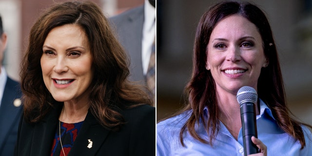 Incumbent Michigan Gov. Gretchen Whitmer, left, and Michigan GOP gubernatorial candidate Tudor Dixon, right.