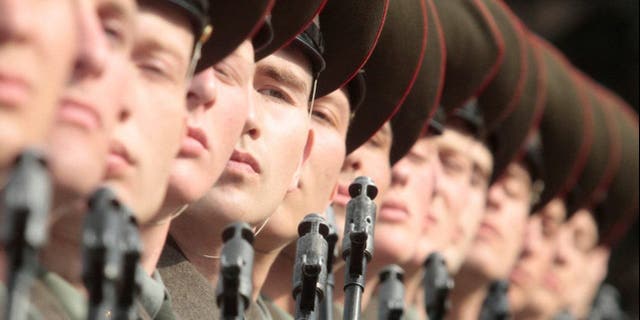 Russian soldiers train for the military parade in Moscow, April 8, 2010. On May 9, the 65th anniversary of the victory over Nazi Germany over Nazi Germany, Russia will mark a military parade in Moscow's Red Square.  Reuters / Alexander Natruskin.