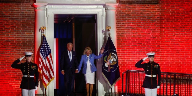 President Biden and first lady Jill Biden walk in front of Independence Hall at Independence National Historical Park, Philadelphia, U.S., September 1, 2022.