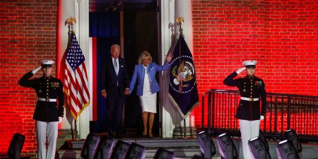 President Biden and first lady Jill Biden walk in front of Independence Hall at Independence National Historical Park, Philadelphia, U.S., September 1, 2022.