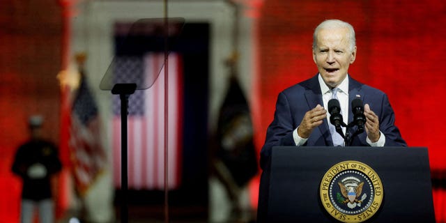 US President Joe Biden delivers remarks on what he calls the "continued battle for the Soul of the Nation" in front of Independence Hall at Independence National Historical Park, Philadelphia, US, September 1, 2022.