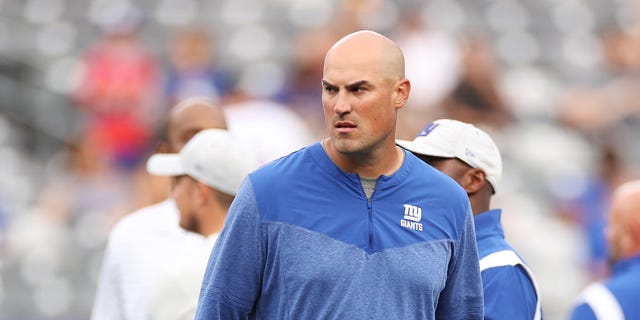 Offensive coordinator Mike Kafka, of the New York Giants, looks on during warmups of a preseason game against the Cincinnati Bengals at MetLife Stadium on Aug. 21, 2022 in East Rutherford, New Jersey.