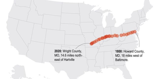 The Census has calculated the mean center of the population of the United States every decade since 1790.