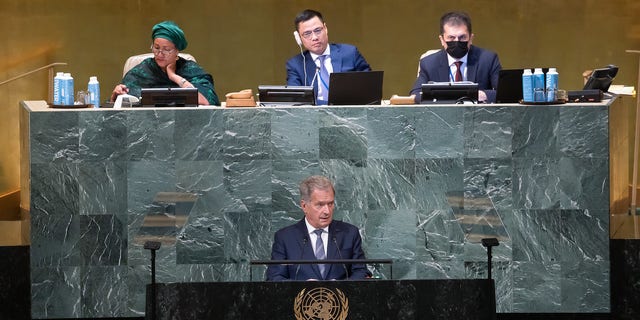 President Niinistö gave Finland's national speech at the  77th session of the U.N. General Assembly.