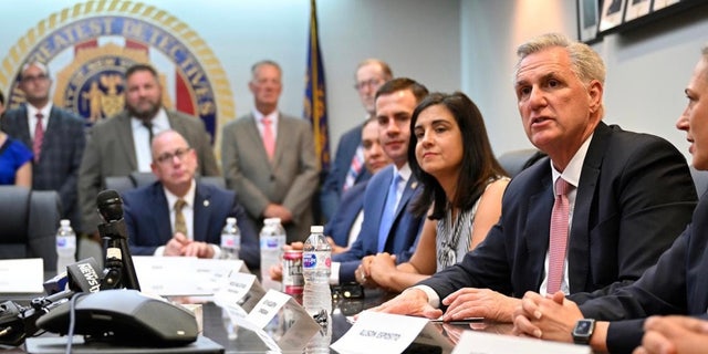 House GOP Leader Kevin McCarthy (R-California) holds a round table discussion with local law enforcement, on August 4, 2022 in New York, New York.
