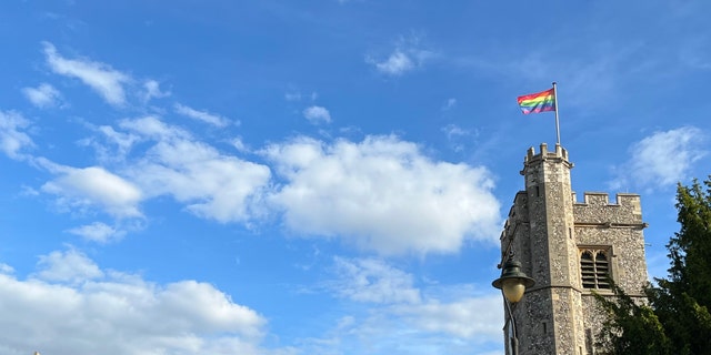 A rainbow flag flies on the Church of Saint Peter and Saint Paul in Bromley, South London.