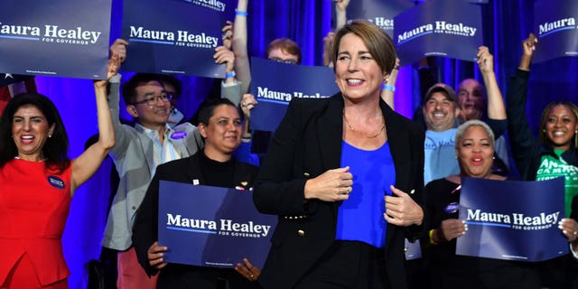 Democratic gubernatorial candidate and Massachusetts Attorney General Maura Healey addresses the audience at a watch party, Tuesday, Sept. 6, 2022, in Boston. Healey is heavily favored to flip the Republican-held governor’s office in November, which would make her the state’s first woman and first openly gay candidate elected chief executive. (Chris Christo/The Boston Herald via AP, File)
