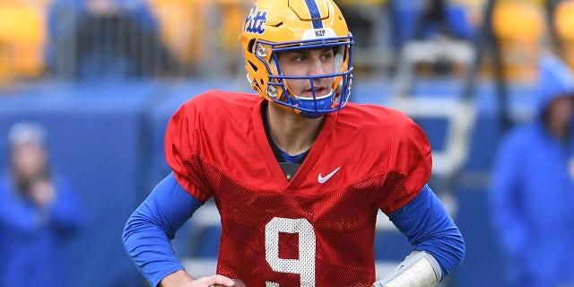 Pittsburgh quarterback Kedon Slovis, #9, scrambles during their annual NCAA football intrasquad Blue-Gold scrimmage game, Saturday, April 9, 2022, in Pittsburgh. Veteran quarterbacks are plentiful in the Atlantic Coast Conference this season. In all, 12 of the 14 league teams have at least one quarterback with nine or more career starts. 