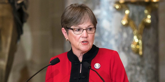 Kansas Gov. Laura Kelly speaks at the dedication and unveiling ceremony of a statue in honor of Amelia Earhart in Statuary Hall, at the Capitol in Washington, July 27, 2022.