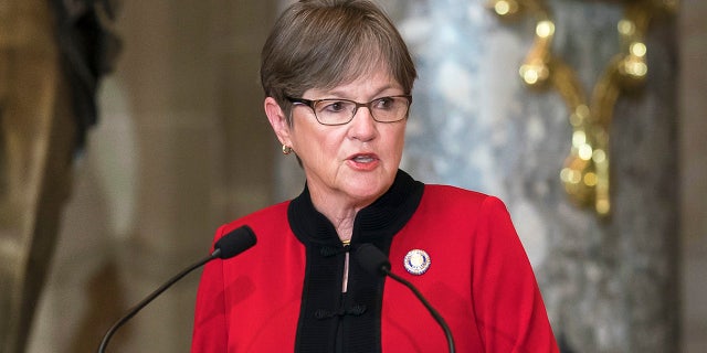 Kansas Gov. Laura Kelly speaks at the dedication and unveiling ceremony of a statue in honor of Amelia Earhart in Statuary Hall, at the Capitol in Washington, July 27, 2022.