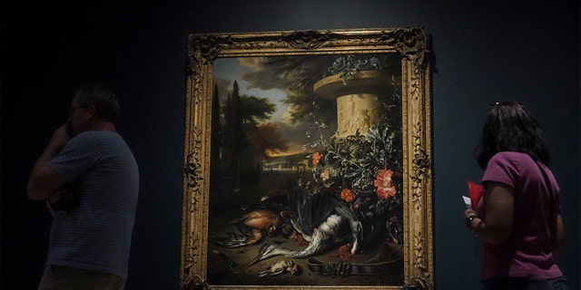 An oil on canvas 1695 painting by Dutch artist Jan Weenix, "Gamepiece with a Dead Heron" – acquired in 1950 by the Metropolitan Museum of Art – is shown on exhibition at the museum. The painting is among 53 works in the museum's collection, once looted during the Nazi era, but returned to their designated owners before being obtained by the museum.