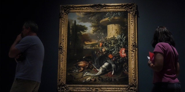 An oil on canvas 1695 painting by Dutch artist Jan Weenix, "Gamepiece with a Dead Heron" – acquired in 1950 by the Metropolitan Museum of Art – is shown on exhibition at the museum. The painting is among 53 works in the museum's collection, once looted during the Nazi era, but returned to their designated owners before being obtained by the museum.
