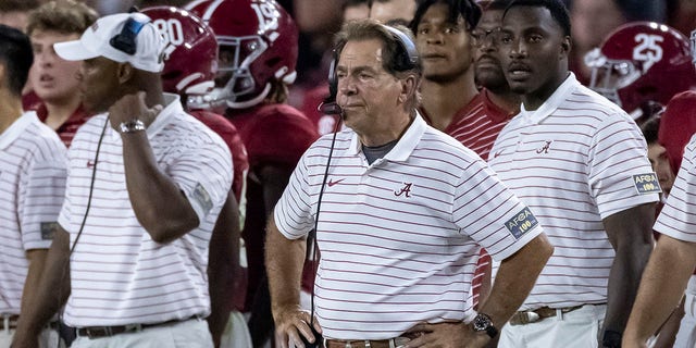 Alabama coach Nick Saban watches during the first half of the team's game against Utah State Sept. 3, 2022, in Tuscaloosa, Ala.