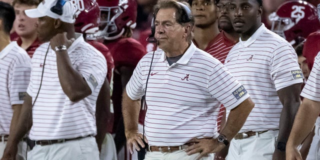 Alabama coach Nick Saban watches during the first half of the team's game against Utah State Sept. 3, 2022, in Tuscaloosa, Ala.