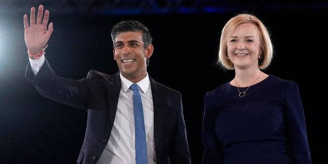 Liz Truss and Rishi Sunak on stage after a Conservative leadership election hustings at Wembley Arena in London, Aug. 31, 2022.